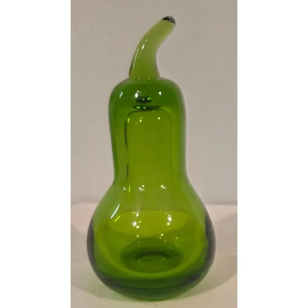 Vintage Hand Blown Green Art Glass Pear Mid Century Decor